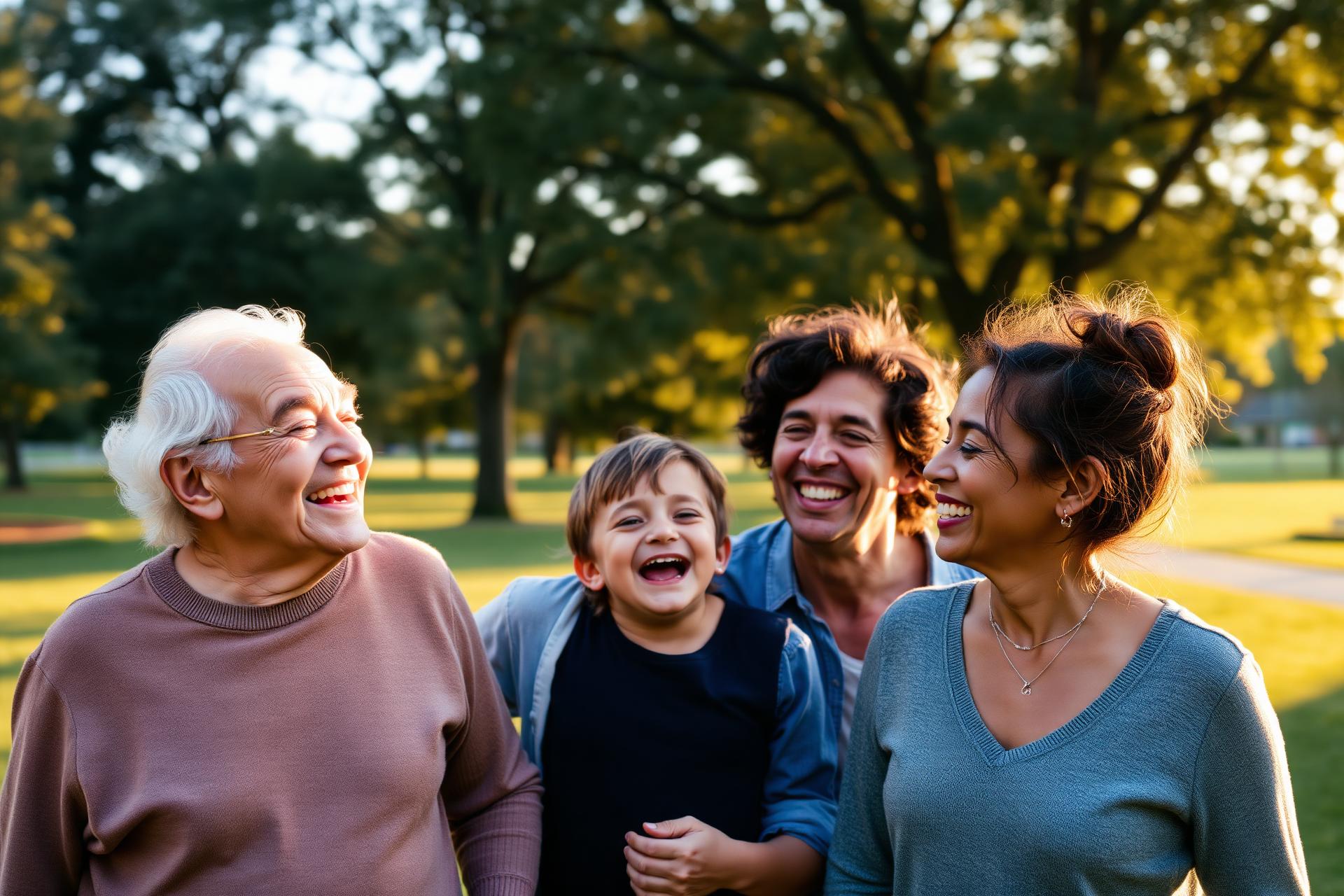 A multi-generational family laughing together in a sunlit community park